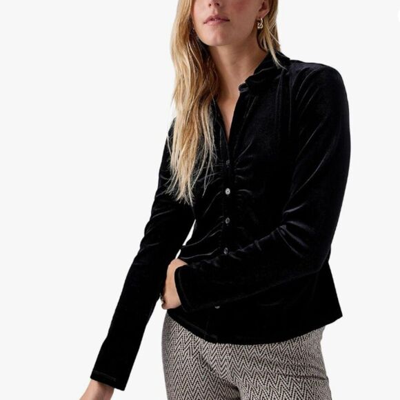 Sanctuary Arlo Top Womens Large Black Velvet Button-Up V-Neck Long Sleeve - Picture 1 of 7